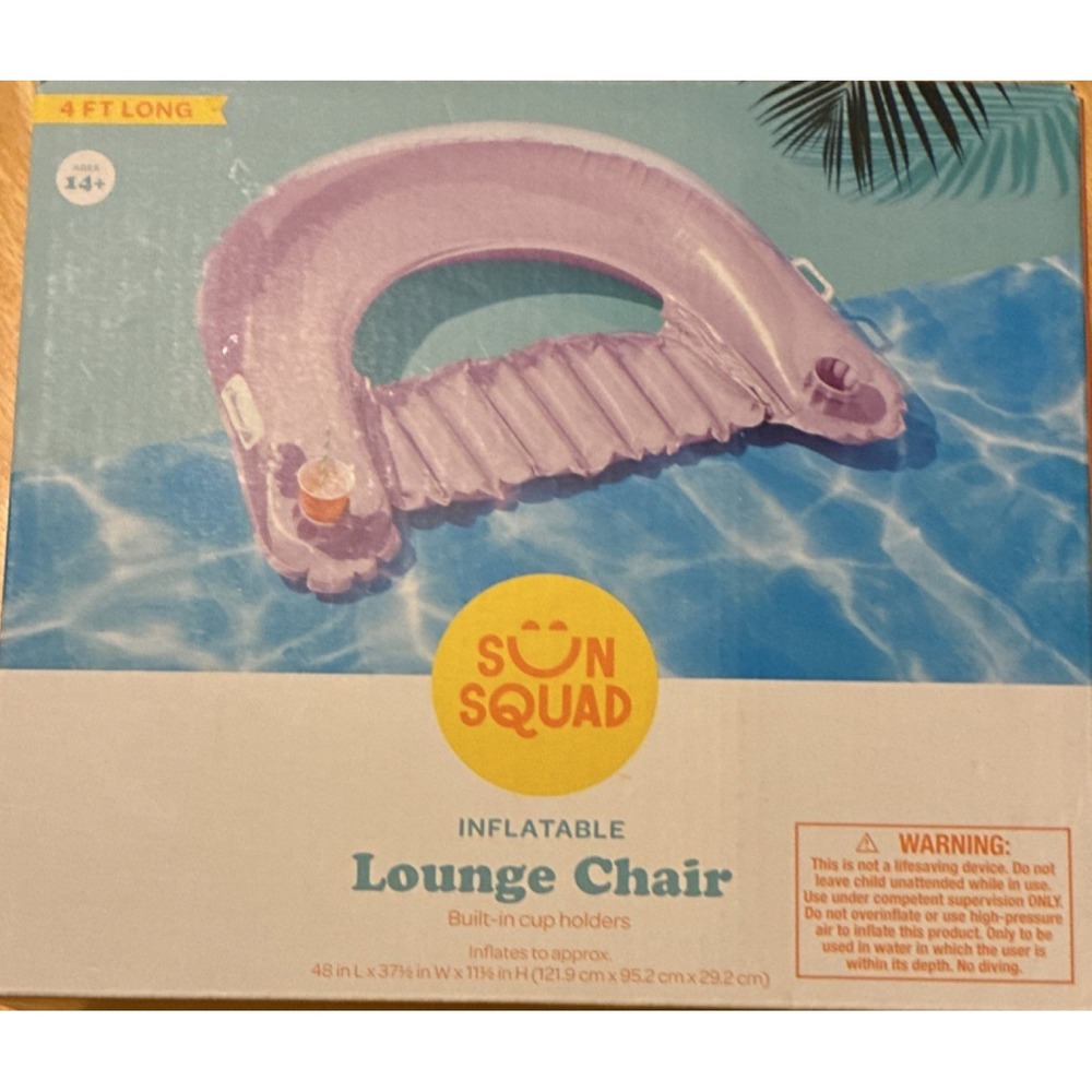 New Sun Squad Inflatable Lounge Chair 4ft Long with Cup Holders Summer Fun